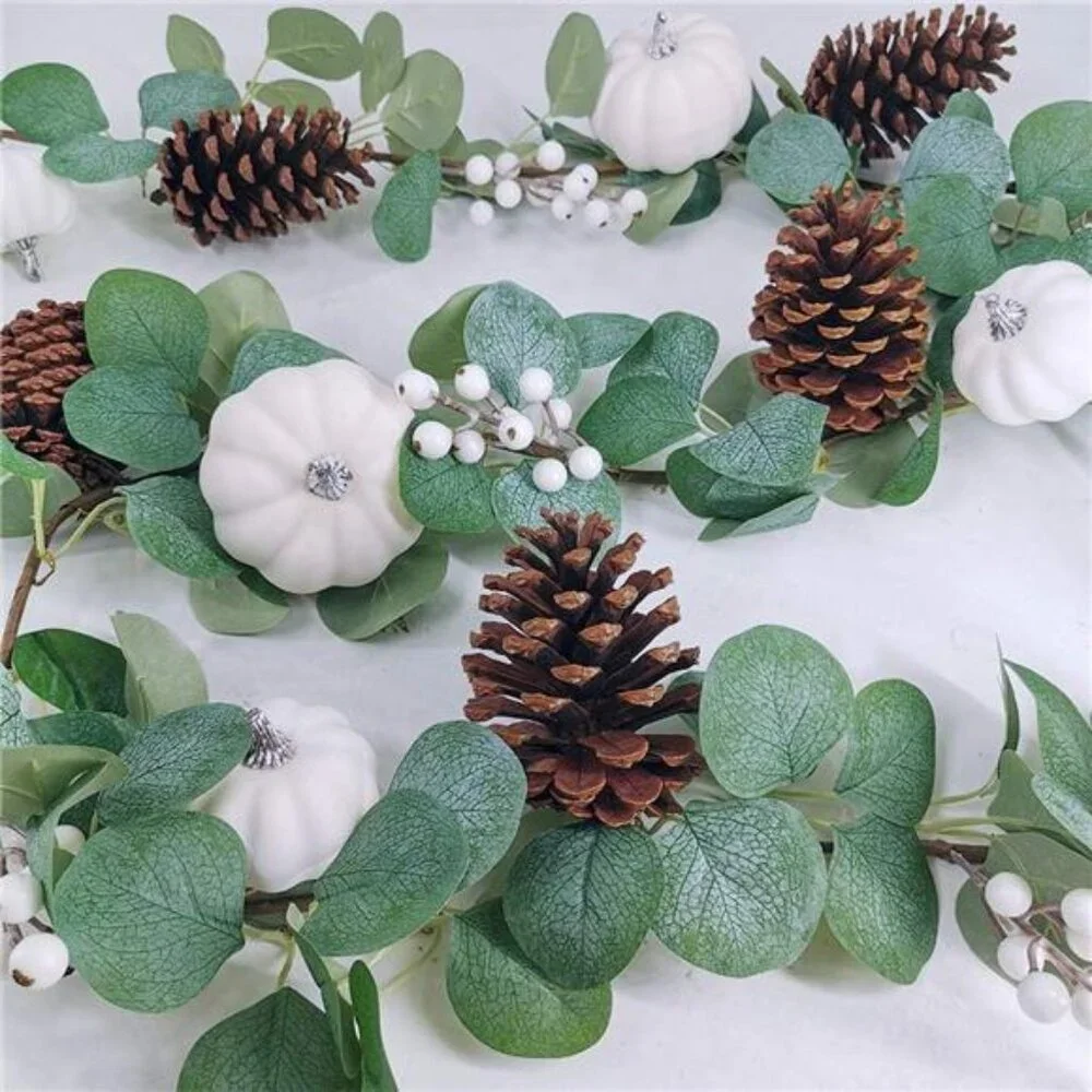 White Pumpkin Garland Artificial Eucalyptus with White Pumpkins Pinecones